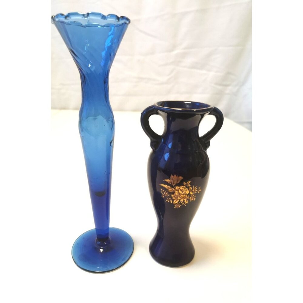 Pair of Vintage Cobalt Blue Vases- Glass Bud Vase Compact Botanical Vase Ceramic
